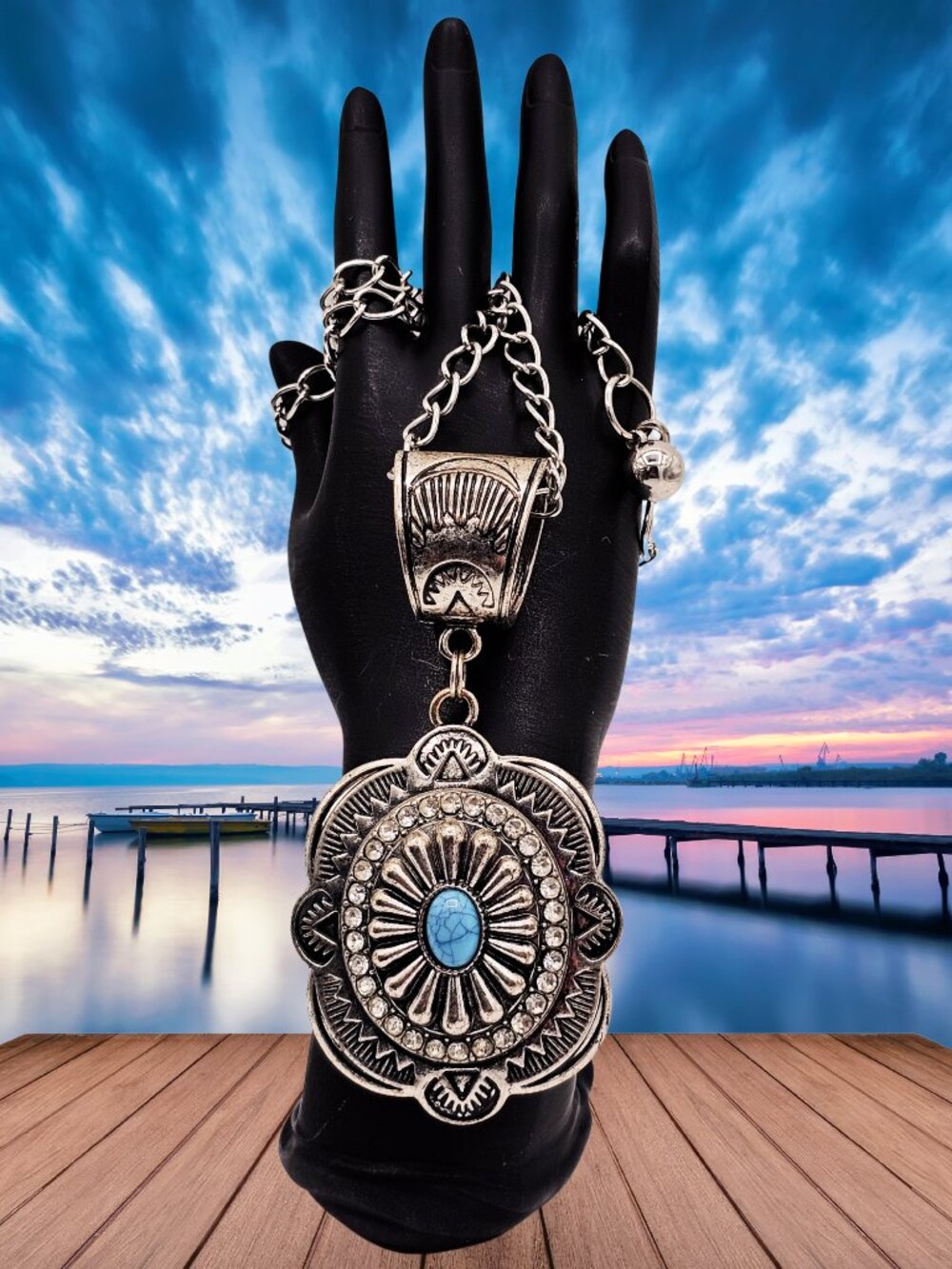 Southwestern Silver Tone Faux Turquoise Rhinestone Pendant Necklace Boho Western